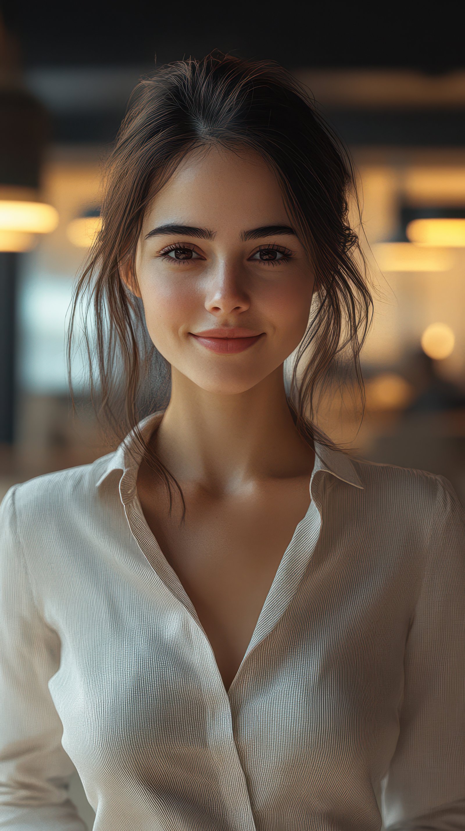 Young woman smiling warmly in a cozy indoor setting, wearing a stylish white shirt and exuding a confident charm